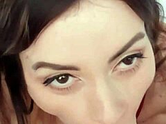 Brunette rims ass masturbates then deepthroats for creampie finish