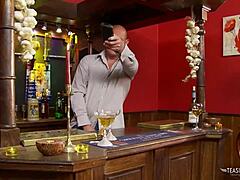 Lusty brunette blows horny bartender cock in empty bar