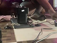 black pornstar rides sex machine but her pussy craves real cock instead