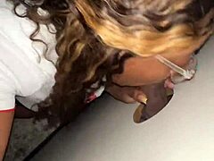 ebony bbw kneels at gloryhole throating juicy stranger bbc