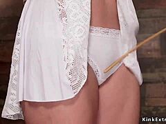 hey, watch this bound brunette's pussy get fingered hard while hogtied!