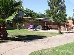 Latina babe licks best friend's tight shaved pussy outdoors