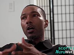 Hey gorgeous blonde busty masseuse does your wet nuru make black client's monster cock explode yet