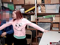 Teen shoplifter bends over sucking officer's cock in office!