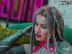 Heavily Tattooed Goth Girl Gapes Asshole with Anal Toys in Lingerie Solo Ride