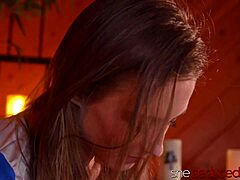 she seduced me... stepdaughter massages my busty stepmom krissy's big tits then licks her petite pussy with strapon