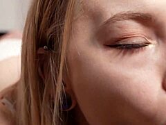 hot blonde teen sucks dildo close up like real cock