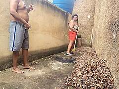 madrasta gets fucked hard in backyard while neighbors spy