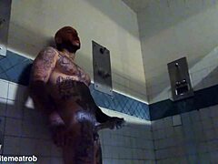 Prison solo masturbation with big white cock tattoos leads to wet cumshot
