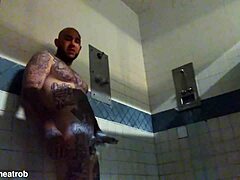 Prison solo masturbation with big white cock tattoos leads to wet cumshot
