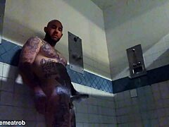 Prison solo masturbation with big white cock tattoos leads to wet cumshot