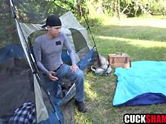 Hey, cuck hubby's watching his wife fuck stranger camping outside...