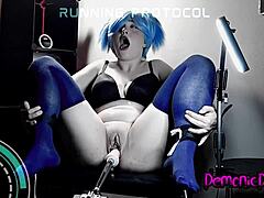 Bound babe endures rough science fuck machine