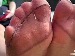 goddess teases cute nylon soles and toes riverside in tan pantyhose closeup