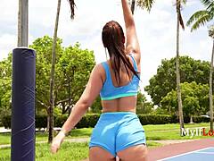 Big butt milf gym workout turns teasingly intimate with trainer