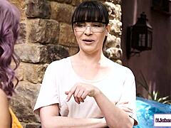 Lesbian Milf Fingers Busty Boss's Shaved Pussy Hard