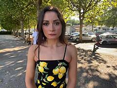 brunette sneaks under club desk for french waitress blowjob audition