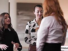 Lesbian staff double penetrate busty milf client in steamy session