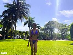 Violeta Grey's petite tanned body craves oiled cock sucking foot play poolside