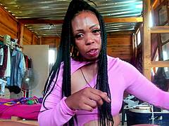 The sexy ebony milf wife with big ass tries denim shorts and tall boots for her fan