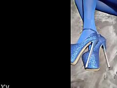 sexy pantyhose legs in blue high heels tease