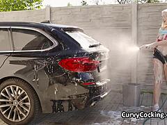 Big Tits Blonde Bikini Car Wash Leads to Monster Cock Titty Fuck