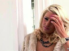 Frustrated Blonde Co-Worker Seduces Slim Girl To First Lesbian Toilet Toy Play