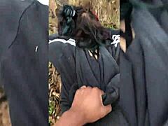 Emo goth slut chokes on huge black cock then bends over for rough creampie in public park forest