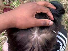 Emo goth slut chokes on huge black cock then bends over for rough creampie in public park forest