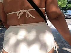 mature exhibitionist milf struts public in see-through mini shorts flashing ass voyeur style