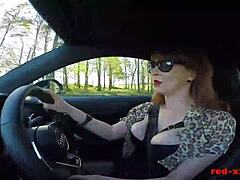 Big tit british mature redhead masturbates to orgasm in crotchless stockings inside the car