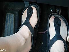 Birkenstock-clad mature feet pumped in nylon closeup