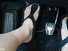 Birkenstock-clad mature feet pumped in nylon closeup