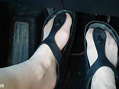 Birkenstock-clad mature feet pumped in nylon closeup