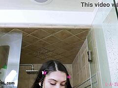 Sophisticated dark-haired muse dives into intense steamy shower bath