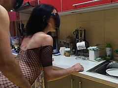 kitchen quickie tempts stockings-clad wife into steamy fun