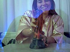 sexy nataly teases her huge natural tits while fucking giant dildo