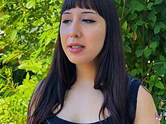 Selena Sativa bares shaved pussy nipples outdoors then rides POV creampie indoors