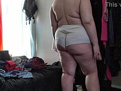 chubby brunette neighbor teases in ripped clothes packer bulging hairy armpits