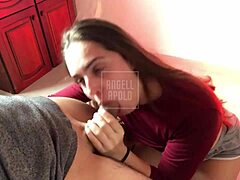 A curvy blonde wife with natural tits gives sloppy blowjob and tit cumshot