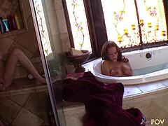 Two busty babes skip shower for dildo fun in tub