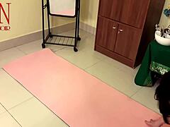 Regina Noir's office yoga exposes her curvy cameltoe pussy up close