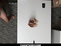 burglar blackmails cute asian shoplifter into bent over doggystyle garage pounding