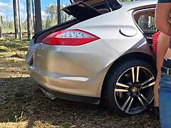 Daddy's muscular boss catches wife fucking monster cock deep in forest skirt hike