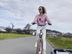 Blonde biker babe Daisy Diamond tempts with outdoor tit tease