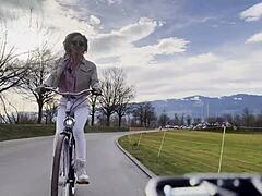 Blonde biker babe Daisy Diamond tempts with outdoor tit tease