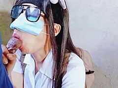 Pinay college teen sloppy deepthroat blowjob ball licking with construction worker flashing neighbors