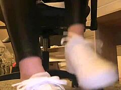 Leather pants nylon socks barefoot feet fetish tease