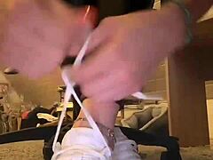 Leather pants nylon socks barefoot feet fetish tease