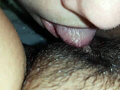 lesbian couple eats hairy wet pussy up close